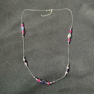 Silver tone pink and purple beaded necklace